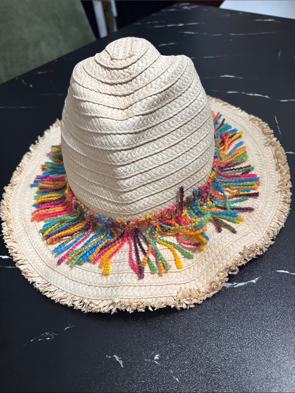 Shiraleah Cream Straw Hat with Multicolor Yarn Fringe